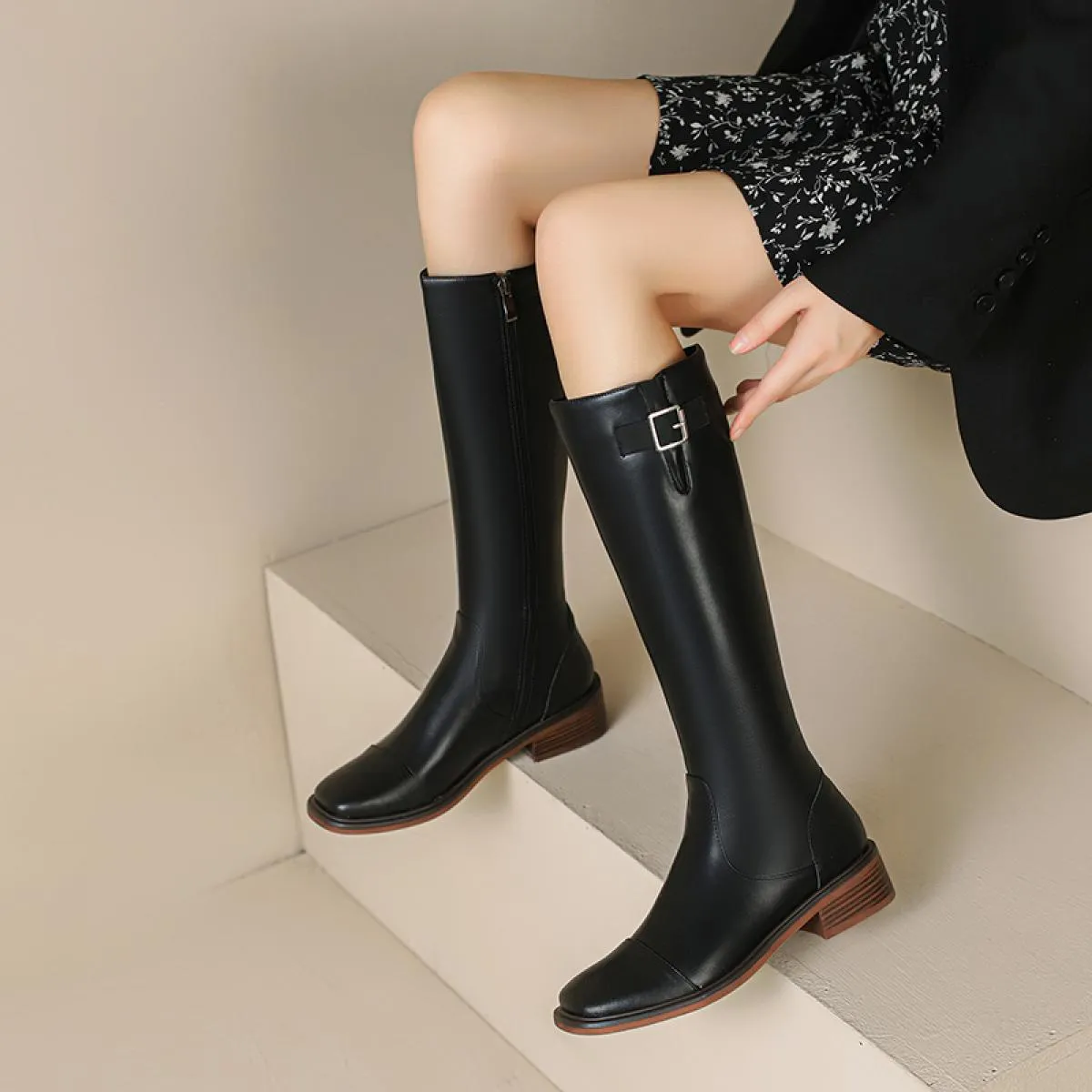 Autunno Inverno Donna Stivali alti al ginocchio Moda Fibbia Tacchi bassi Scarpe in vera pelle Donna Outdoor Casual Popolare Più