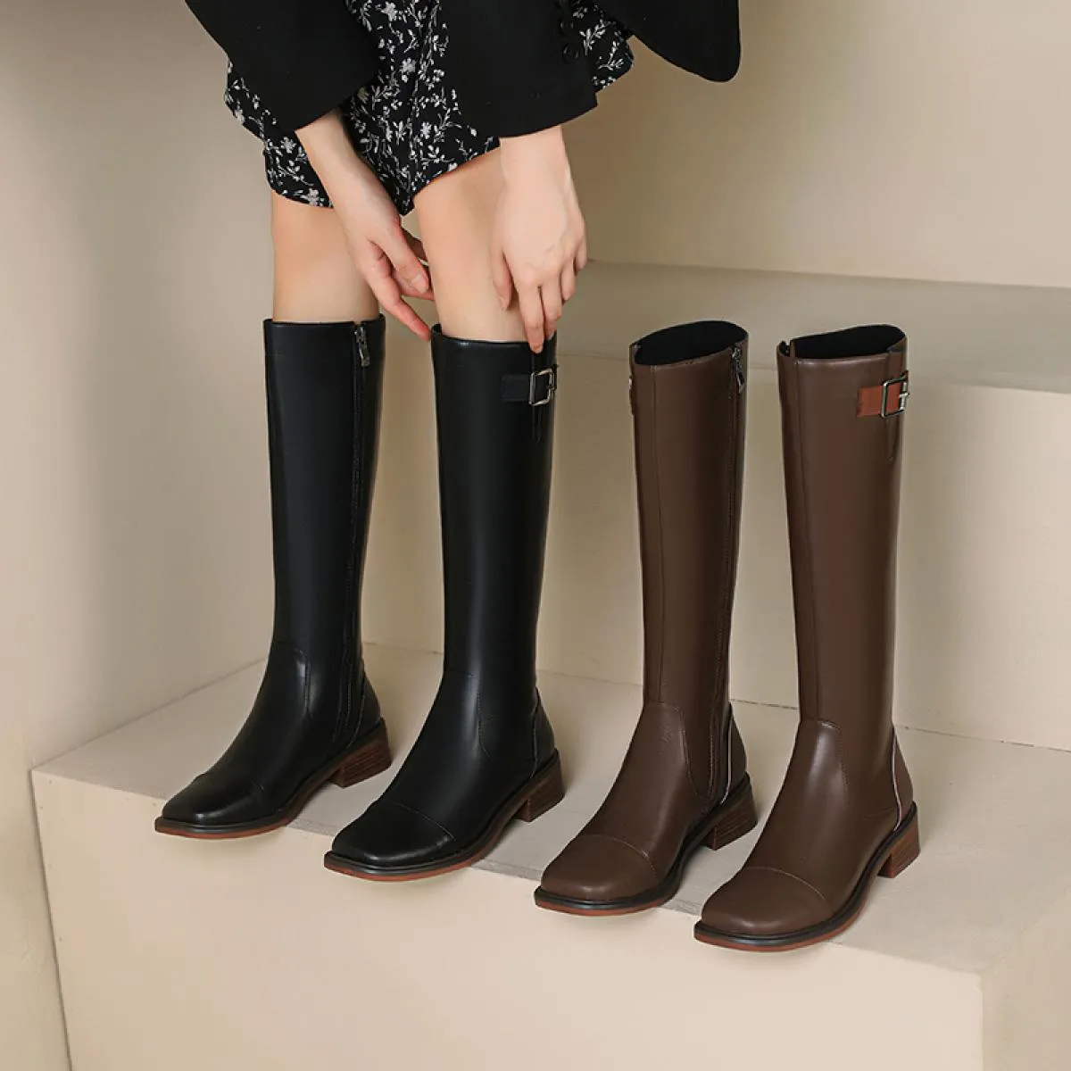 Autunno Inverno Donna Stivali alti al ginocchio Moda Fibbia Tacchi bassi Scarpe in vera pelle Donna Outdoor Casual Popolare Più