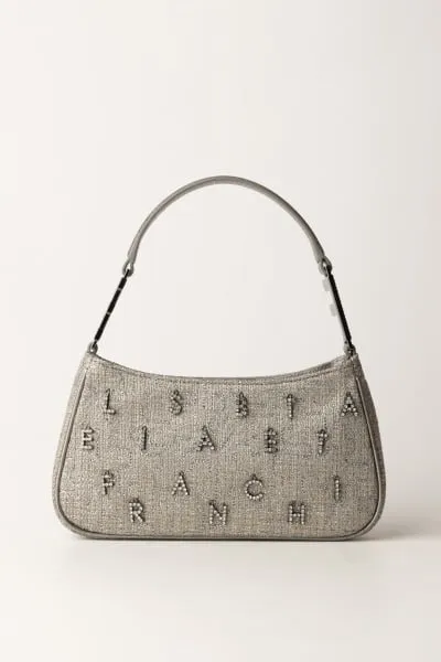 Borsa a spalla in tweed lurex con lettering di strass PIOMBO