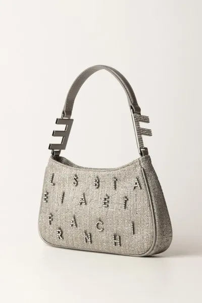 Borsa a spalla in tweed lurex con lettering di strass PIOMBO