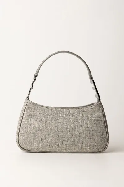 Borsa a spalla in tweed lurex con lettering di strass PIOMBO