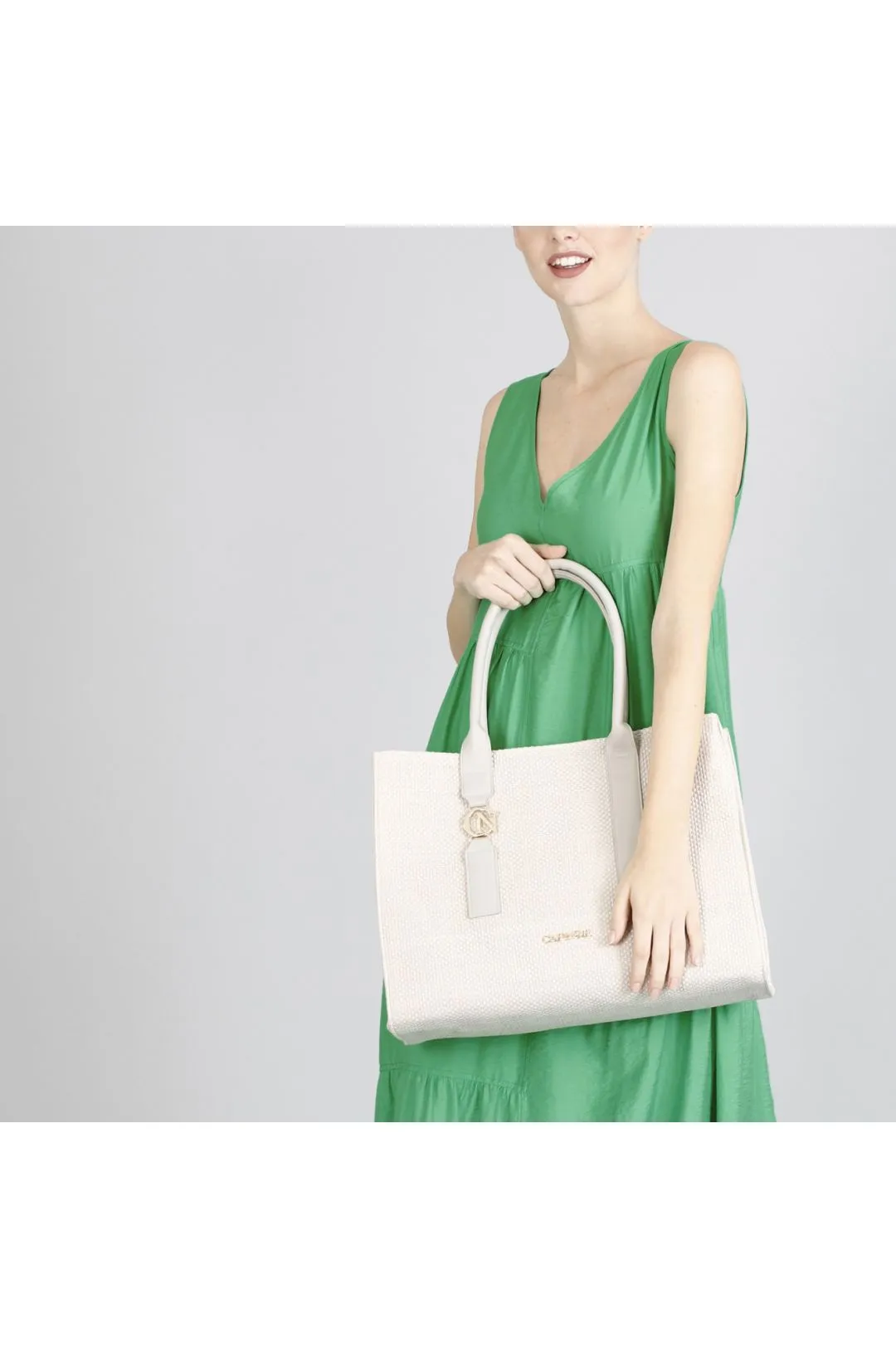 borsa squadrata con manici in tono e accessorio cafènoir pietra