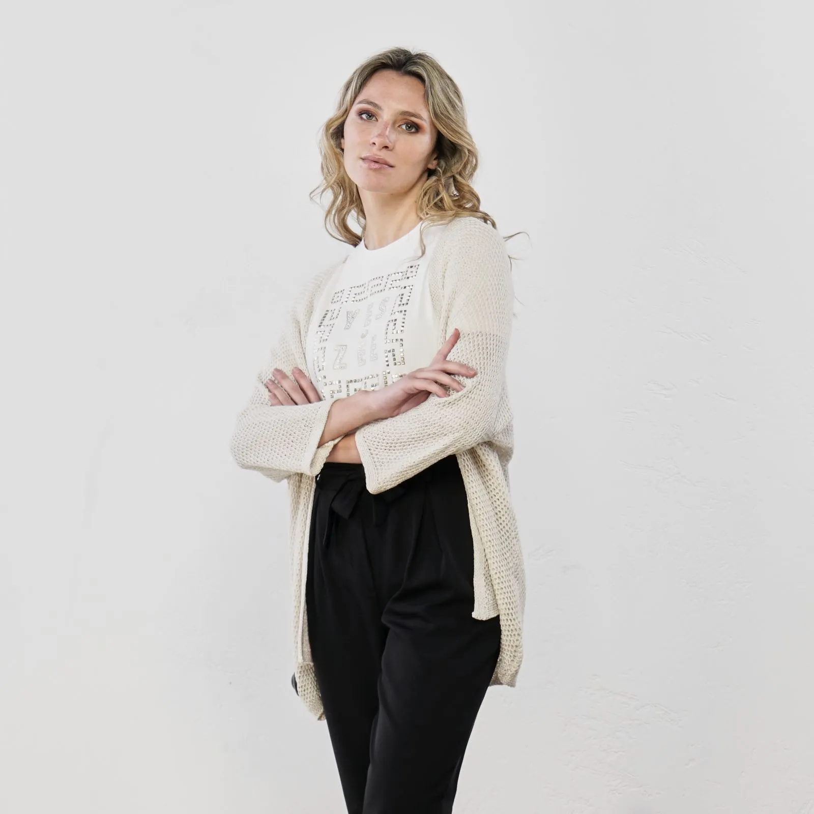 Cardigan beige senza bottoni