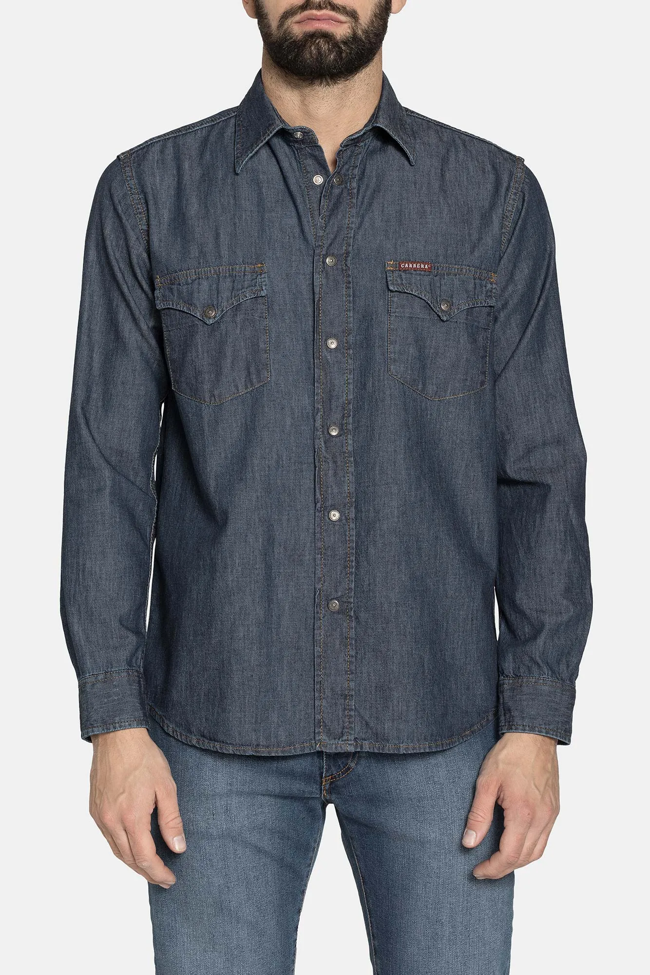 Carrera  ---------    ------------Camicia modello western in denim leggero - Blu medio