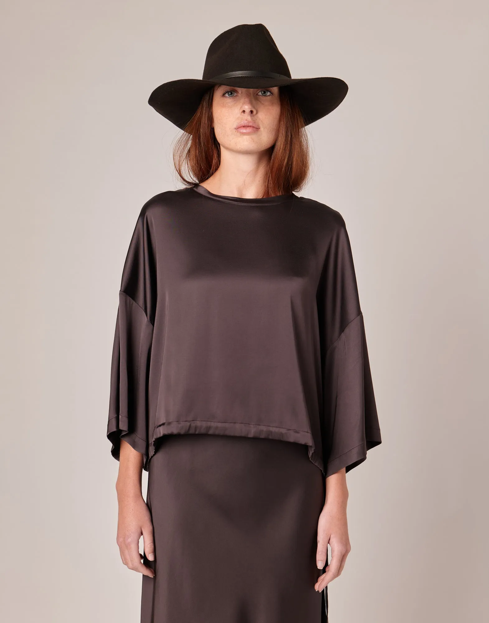 DOUUOD T-shirt Ampia in Raso Stretch con Coulisse Ciocco