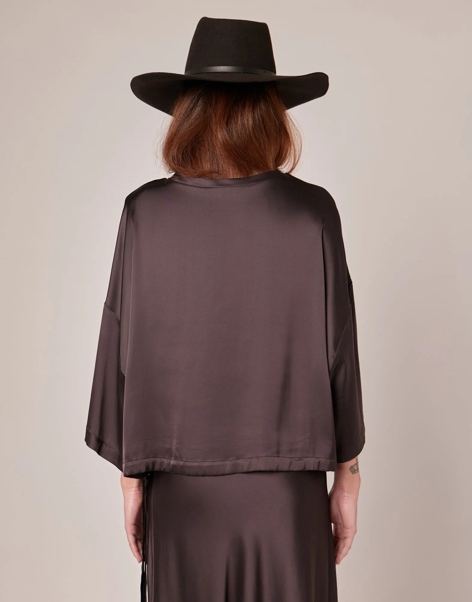 DOUUOD T-shirt Ampia in Raso Stretch con Coulisse Ciocco