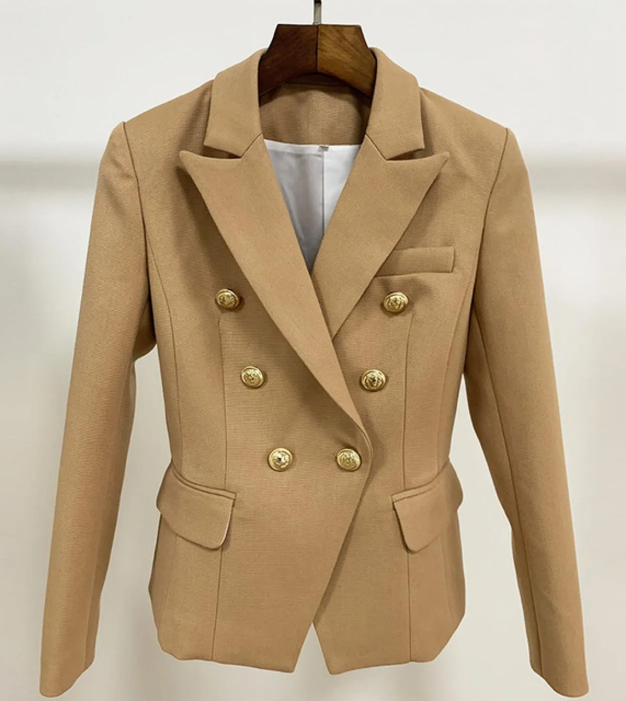 Giacca blazer marrone cachi marrone di alta qualità di nuovo design Giacca doppiopetto oro con bottoni in tessuto spesso Giacca