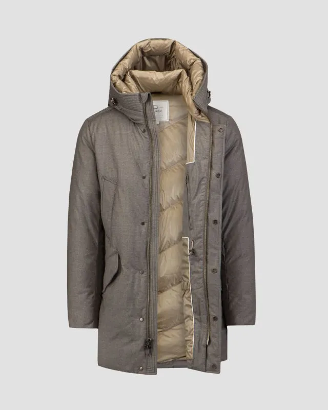 Giacca grigia in lana da uomo Woolrich Luxe Wool Silk Parka