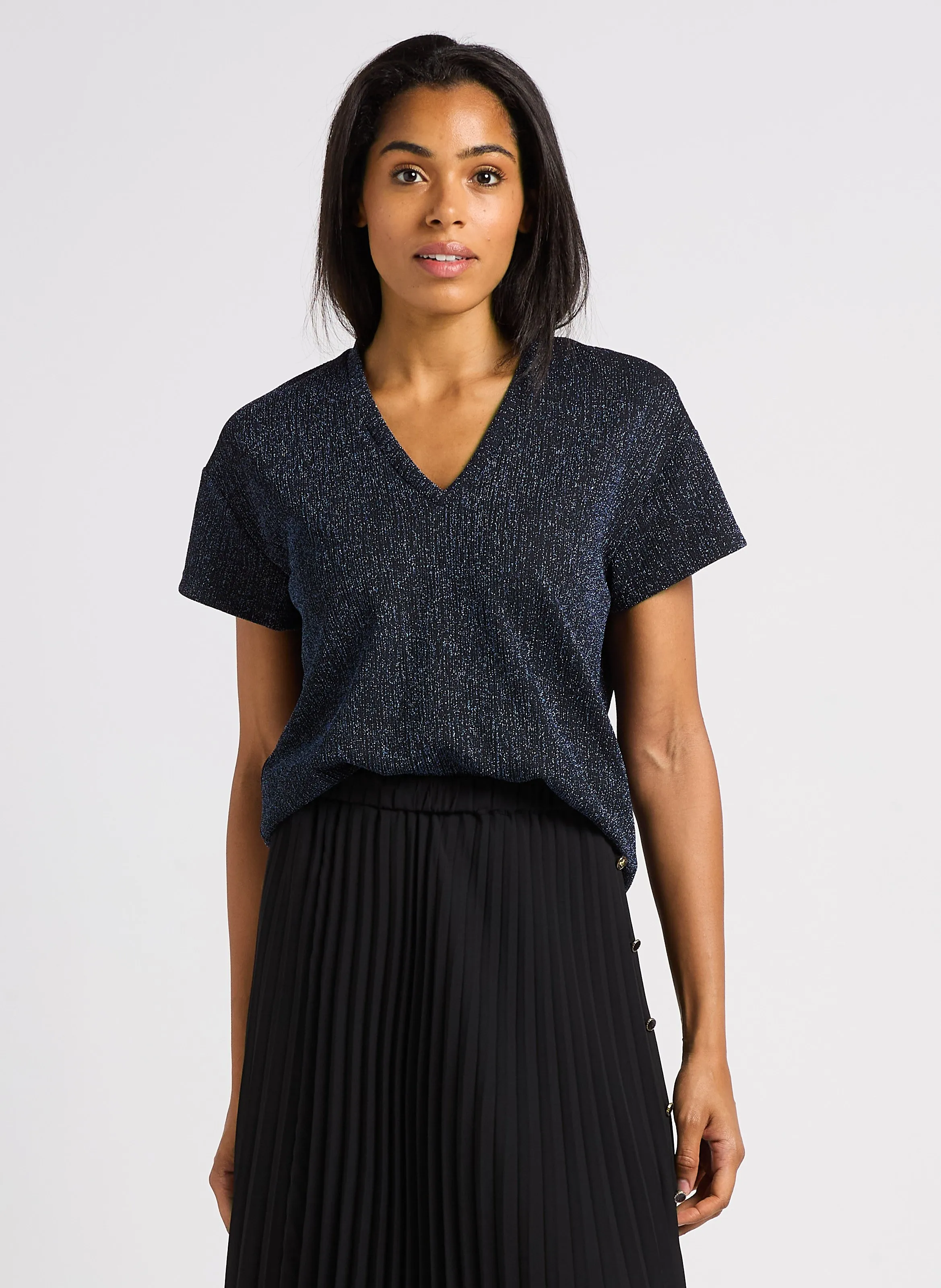  I CODE   Maglietta diritta con scollo a V metallizzato | Blu