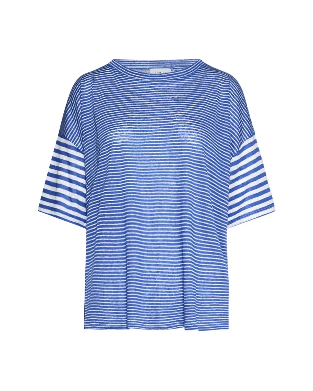 Maglia a maniche corte in filato di lino fiammato e rigato tinta unita. MIRTILLO