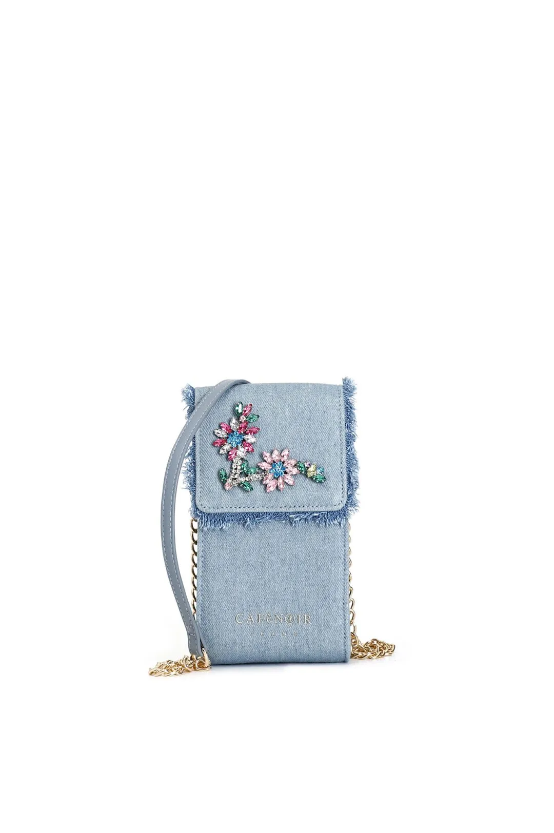 porta cellulare in denim sfrangiato con fiori di pietre e strass denim