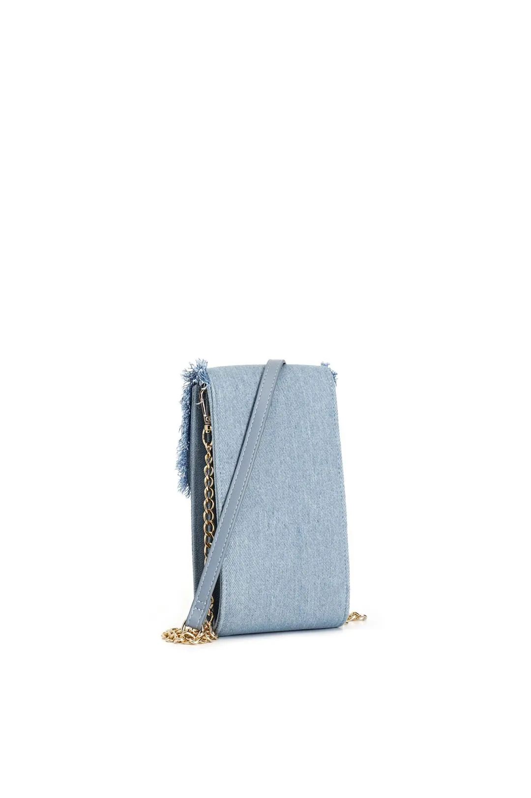 porta cellulare in denim sfrangiato con fiori di pietre e strass denim