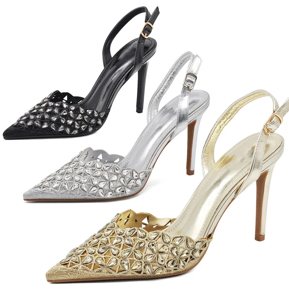 Scarpe Décolleté Da Donna Cerimonia Tacco Elegante Strass Pietri MS19078