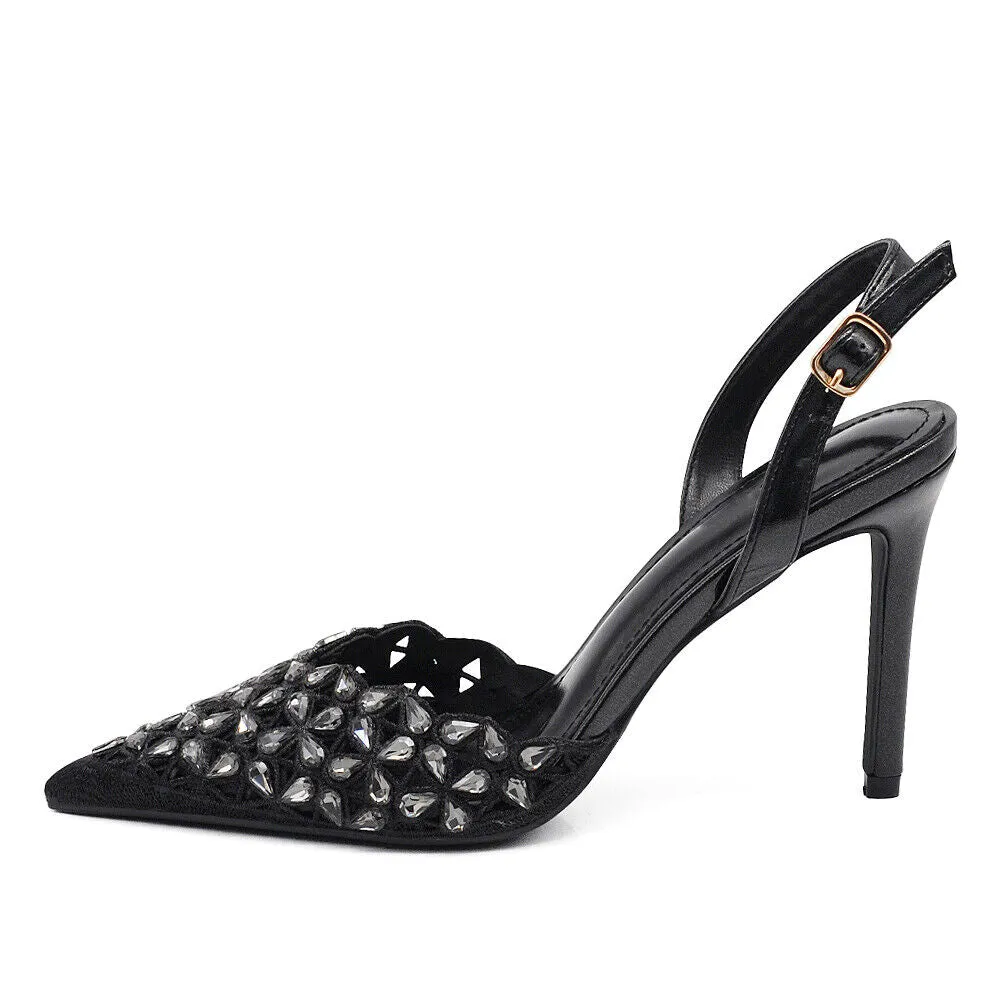 Scarpe Décolleté Da Donna Cerimonia Tacco Elegante Strass Pietri MS19078