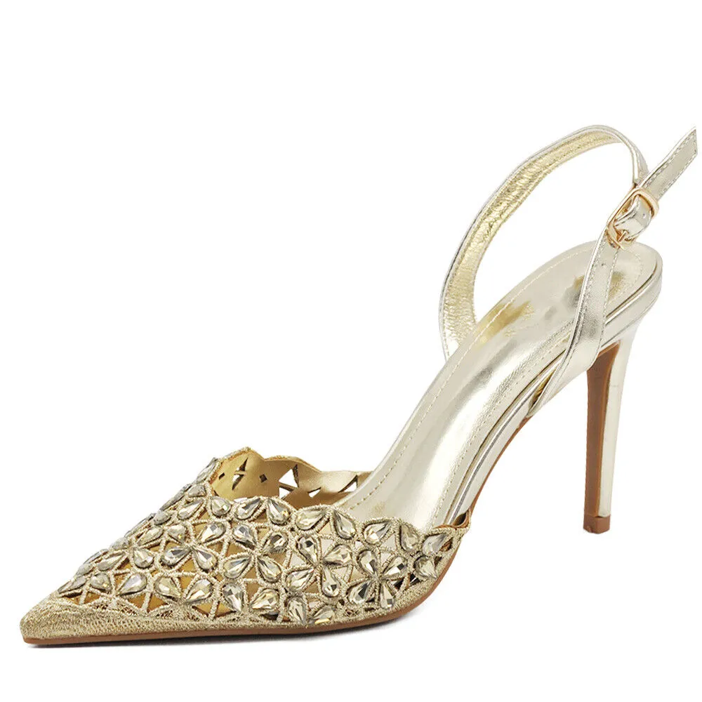 Scarpe Décolleté Da Donna Cerimonia Tacco Elegante Strass Pietri MS19078