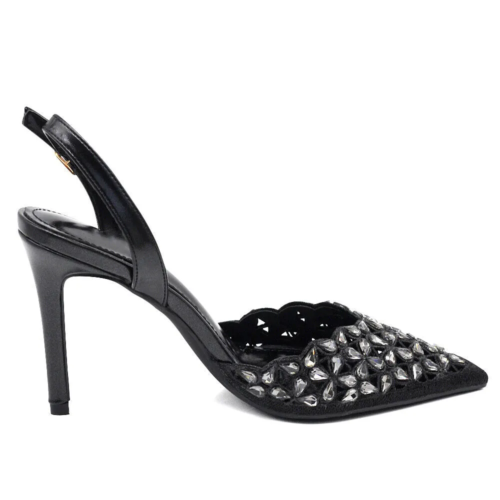 Scarpe Décolleté Da Donna Cerimonia Tacco Elegante Strass Pietri MS19078