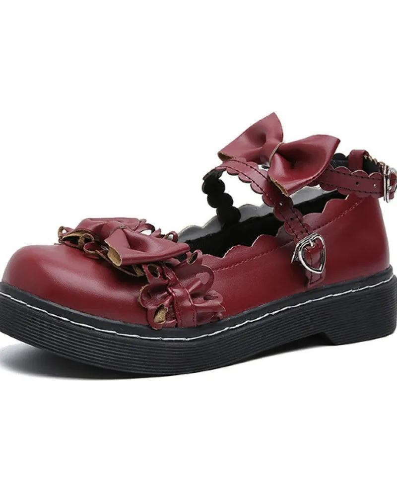 Scarpe singole da donna Tacchi con plateau Design con fiocco a pieghe Scarpe in pelle Lolita Tacco basso Scarpe Mary Jane Stile