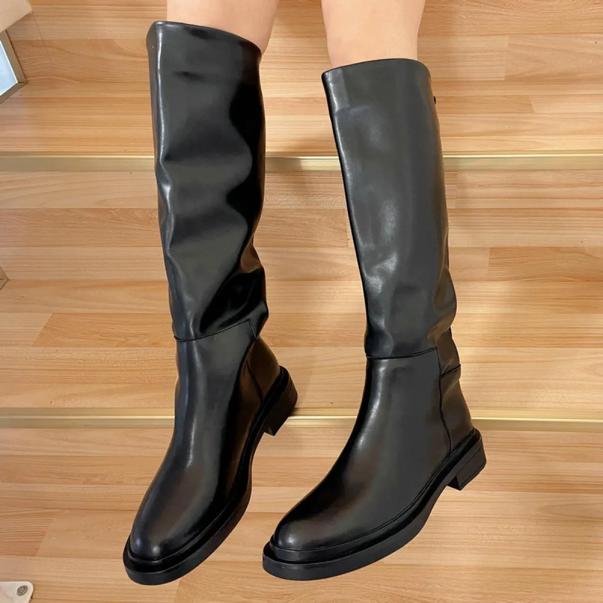 Stivali alti al ginocchio da donna Scarpe calde autunno inverno con tacco basso in vera pelle Scarpe da donna stivali da moto da