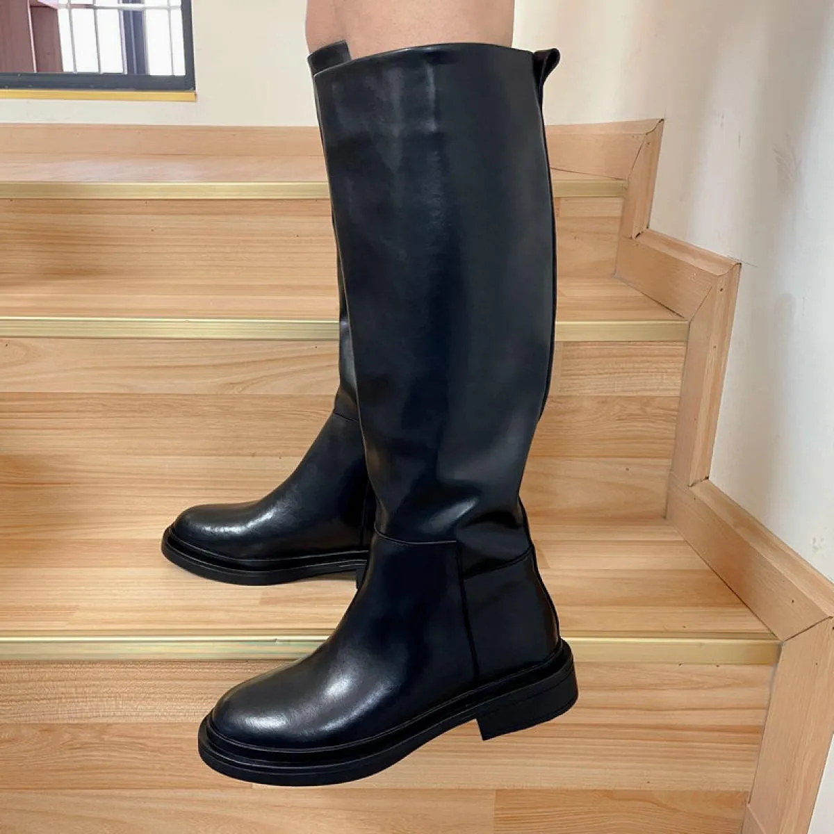 Stivali alti al ginocchio da donna Scarpe calde autunno inverno con tacco basso in vera pelle Scarpe da donna stivali da moto da