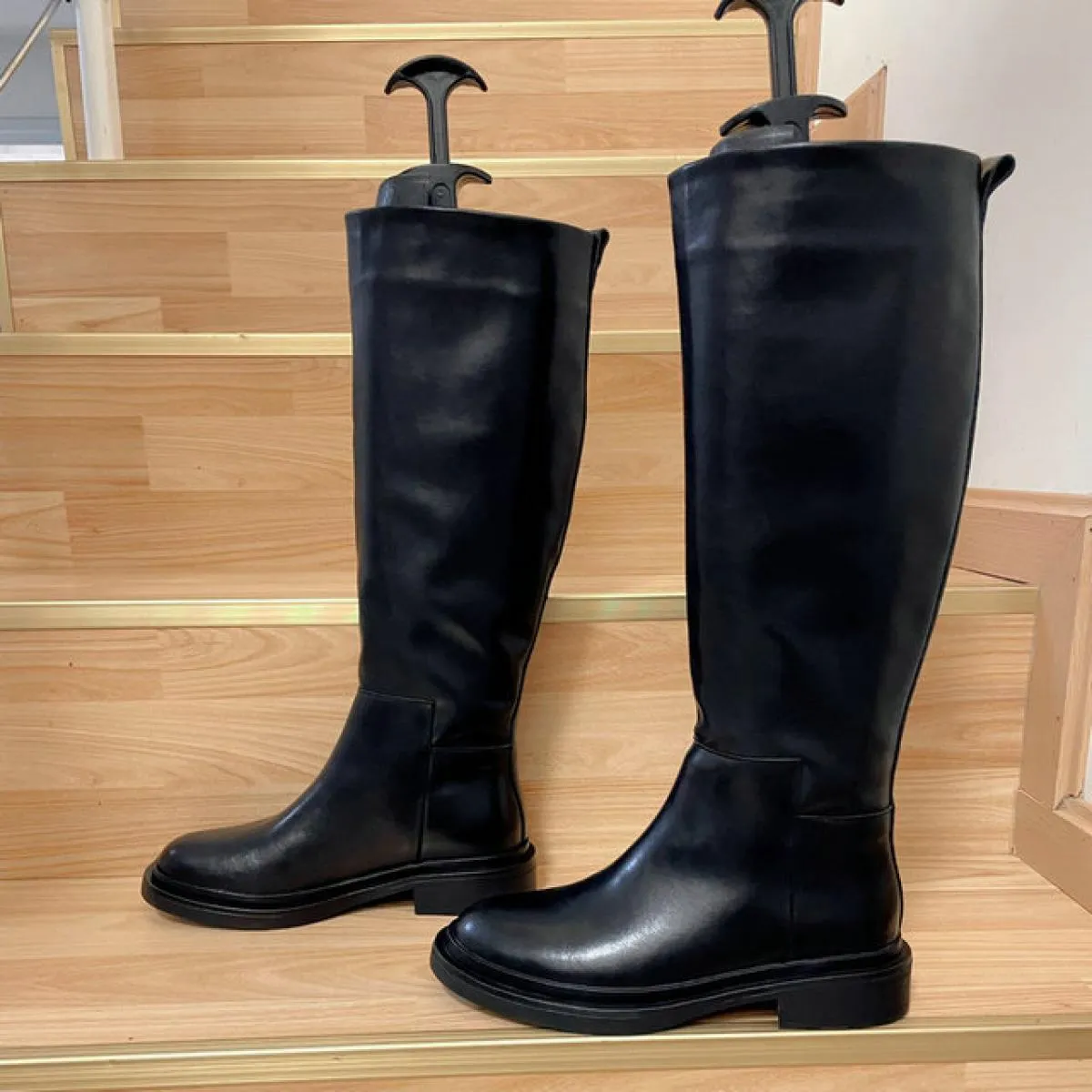 Stivali alti al ginocchio da donna Scarpe calde autunno inverno con tacco basso in vera pelle Scarpe da donna stivali da moto da