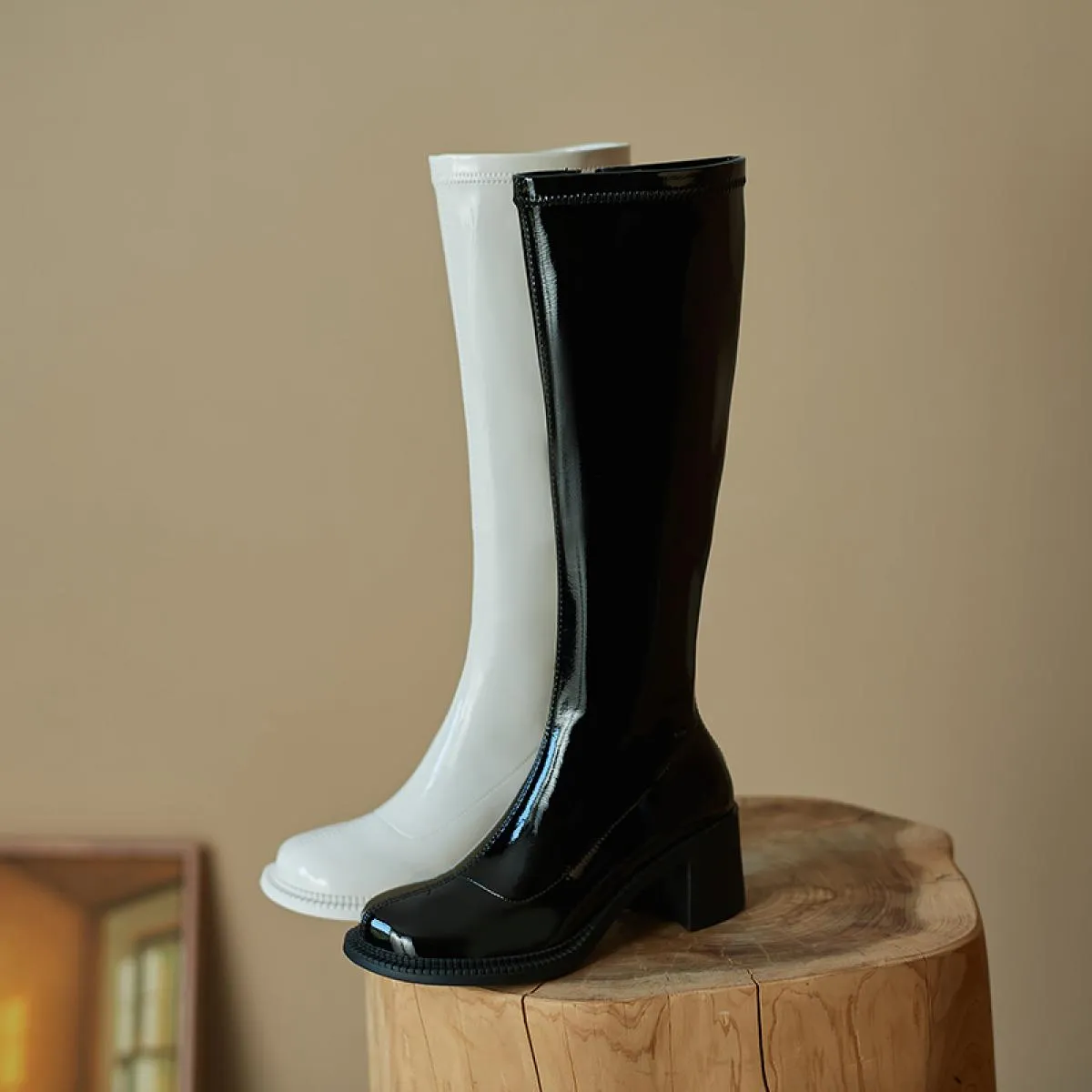 Stivali alti al ginocchio da donna stile retrò Autunno Inverno Abito conciso da lavoro Casual Tacchi spessi Scarpe in vera pelle