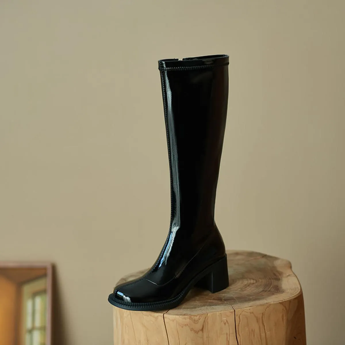 Stivali alti al ginocchio da donna stile retrò Autunno Inverno Abito conciso da lavoro Casual Tacchi spessi Scarpe in vera pelle