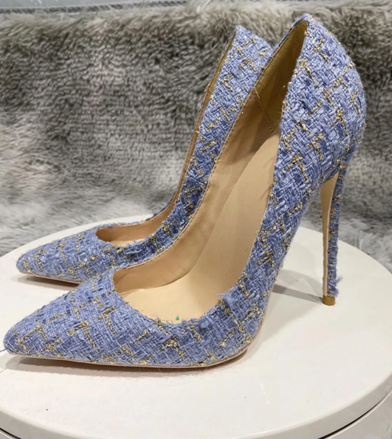 Tikicup Blue Plaid Woomen Fabric Punta a punta Scarpe con tacco alto Elegant Ladies Slip On Scarpe con tacco a spillo Taglia 33