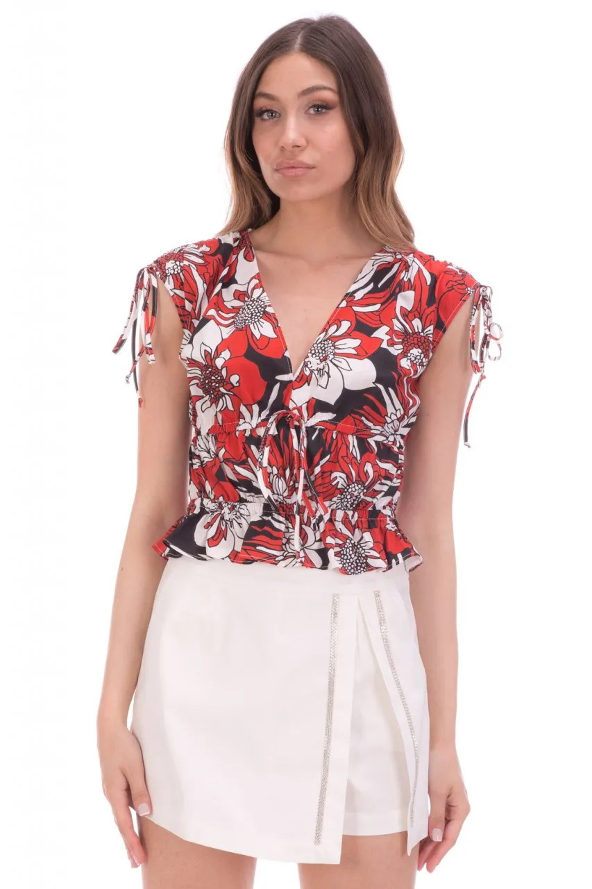Top double curl a fiori Rosso-Bianco-Nero